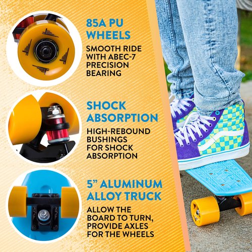 Flybar 22 Inch Kids Skateboard – Mini Cruiser Skateboards for Kids Ages 6-12, Outdoor Toys, Lightweight, Durable, Non-Slip Deck, ABEC-7 Bearings, Holds up to 175 lbs (Blue Orange)