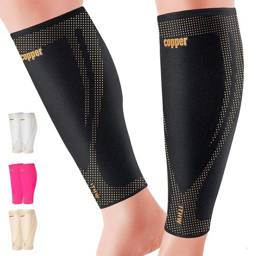 Copper Calf Compression Sleeves - High Stretch Graduated Support with Anti-Slip Grip | Breathable Footless Design for Runners & Travel (1 Pair)