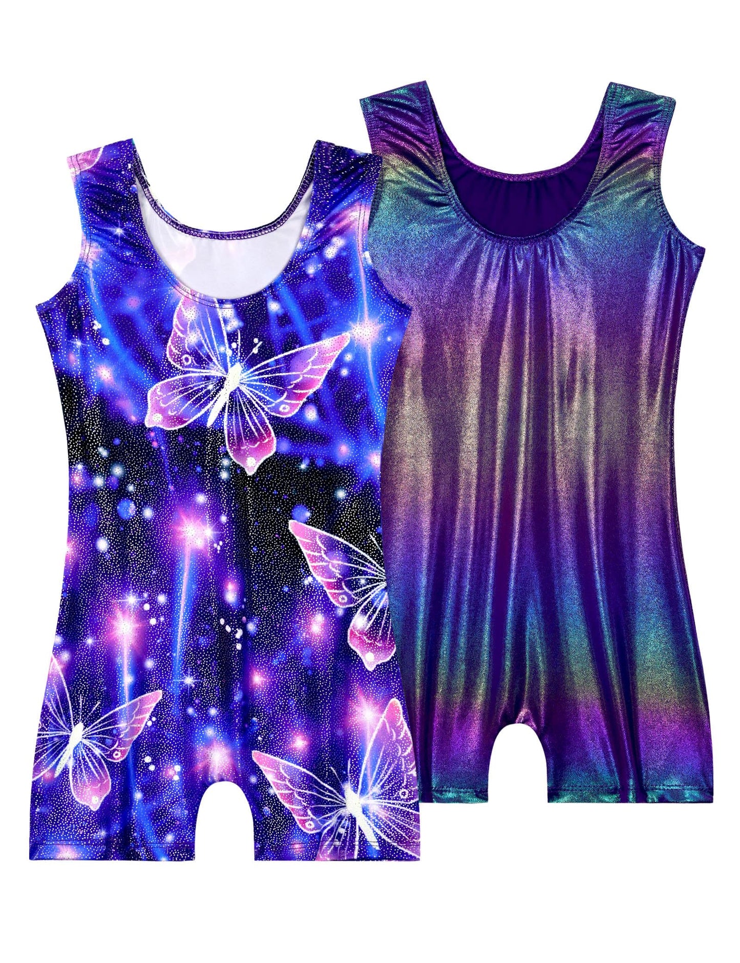 Nokecina Girls Leotards for Gymnastics Size 5-6 Years Old 2 Packs Shiny Purple Butterfly Biketards Pro Gym Outfit