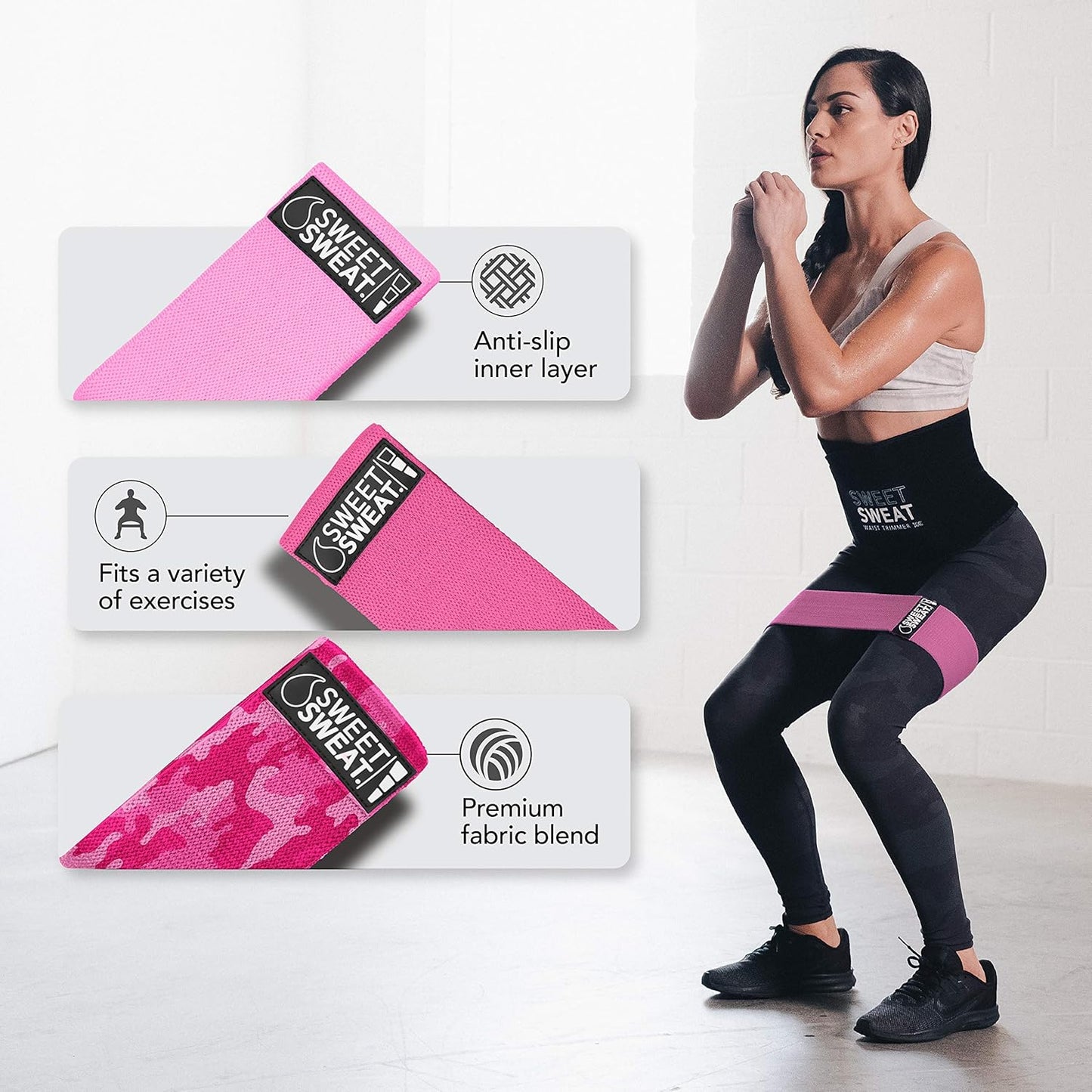 Sports Research Waist Trimmer - Sweet Sweat Waist Trimmer (Black/Pink, Medium) & 3 Hip Resistance Bands Set