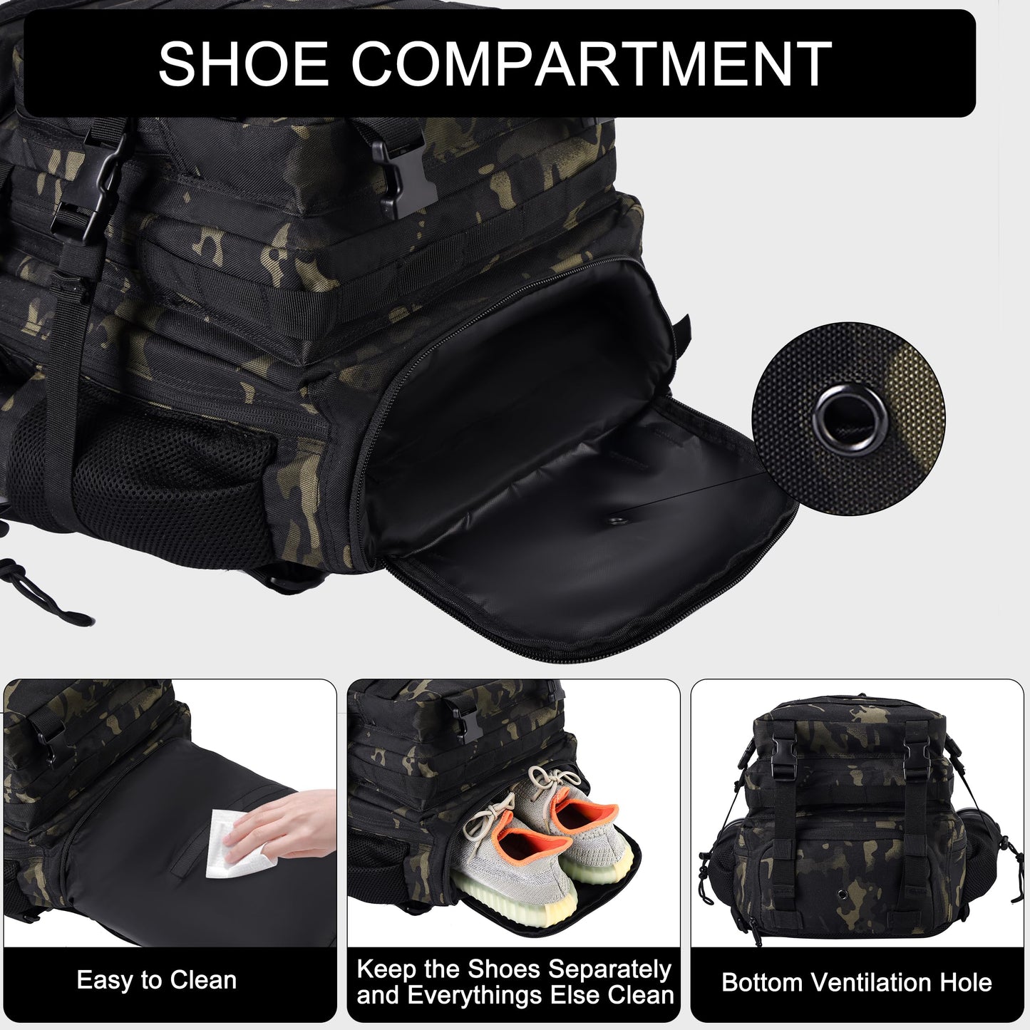LHI Military Tactical Backpack for Men and Women 45L Army 3 Days Assault Pack Bag Large Rucksack with Shoe Compartment - Black CP