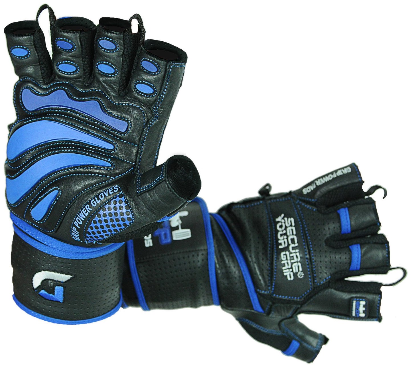 Elite Leather Gym Gloves with Built in 2" Wide Wrist Wraps Grip & Design for Weightlifting Power Lifting Bodybuilding & Strength Training Workout Exercises (Blue, Large)