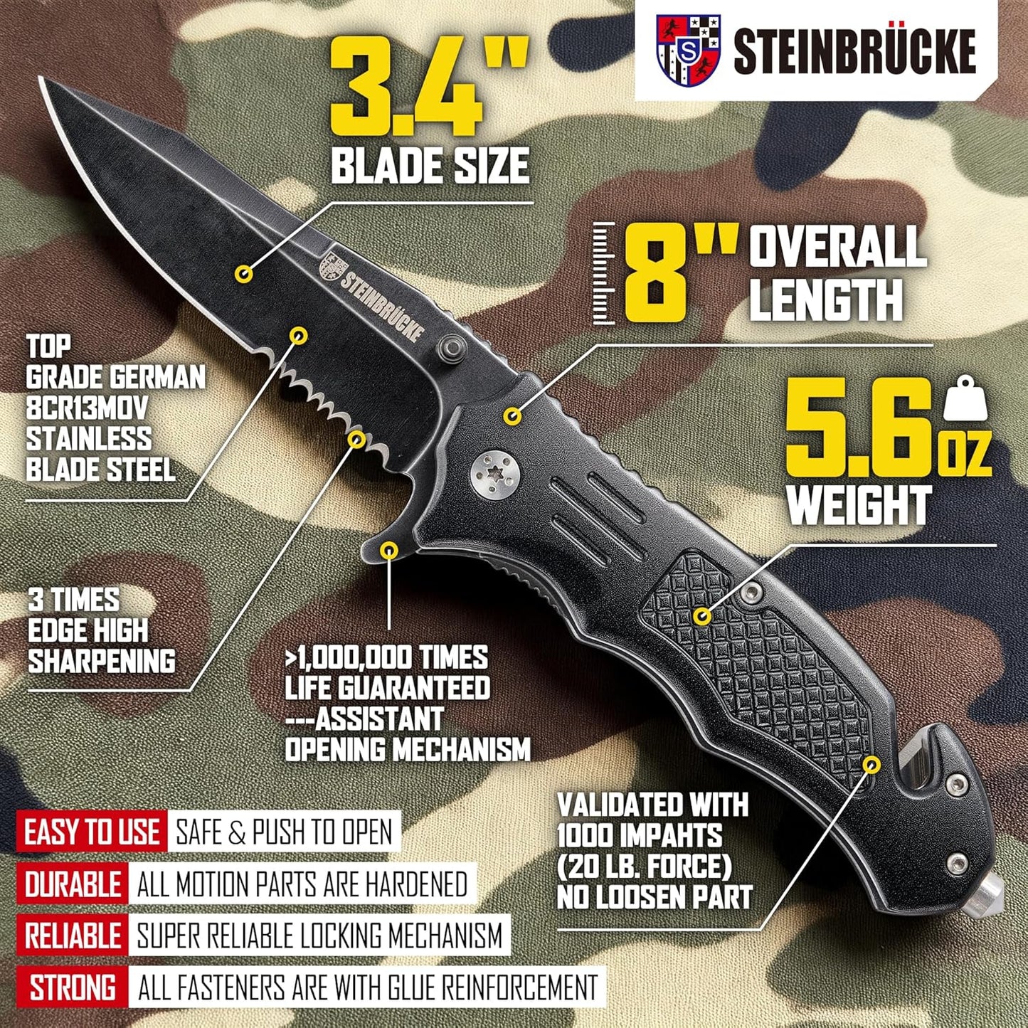 Steinbrucke Tactical Folding Knife - 3.4'' Stainless Steel 8Cr13Mov Blade | Ideal for Hunting, Camping, and Everyday Carry