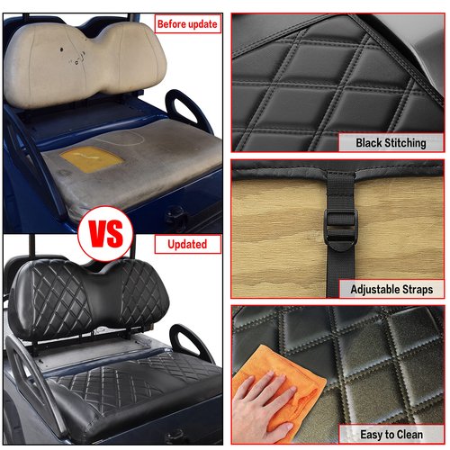 NOKINS P Diamond Seat Cover for Golf Cart Club Car Precedent Original Regular Cushion, No Stapler Required, Golf Cart Vinyl Replacement Front Seat Cover Black Stitching
