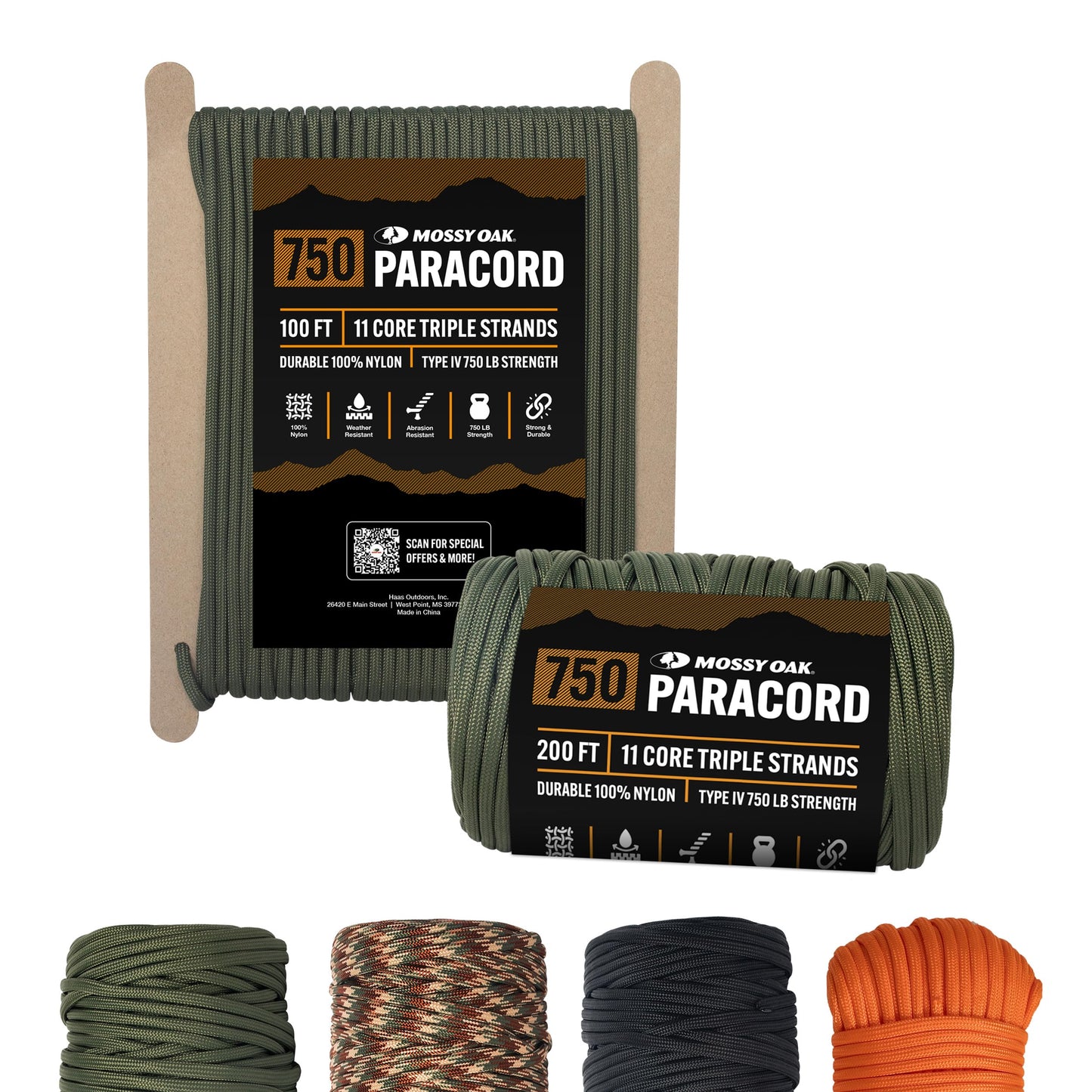 Mossy Oak Green Paracord Rope 750 with 11 Inner Strands | 100ft Nylon Parachute Cord for Camping, Hunting, Fishing, Hiking, Crafting & DIY | Durable & Lightweight 4mm