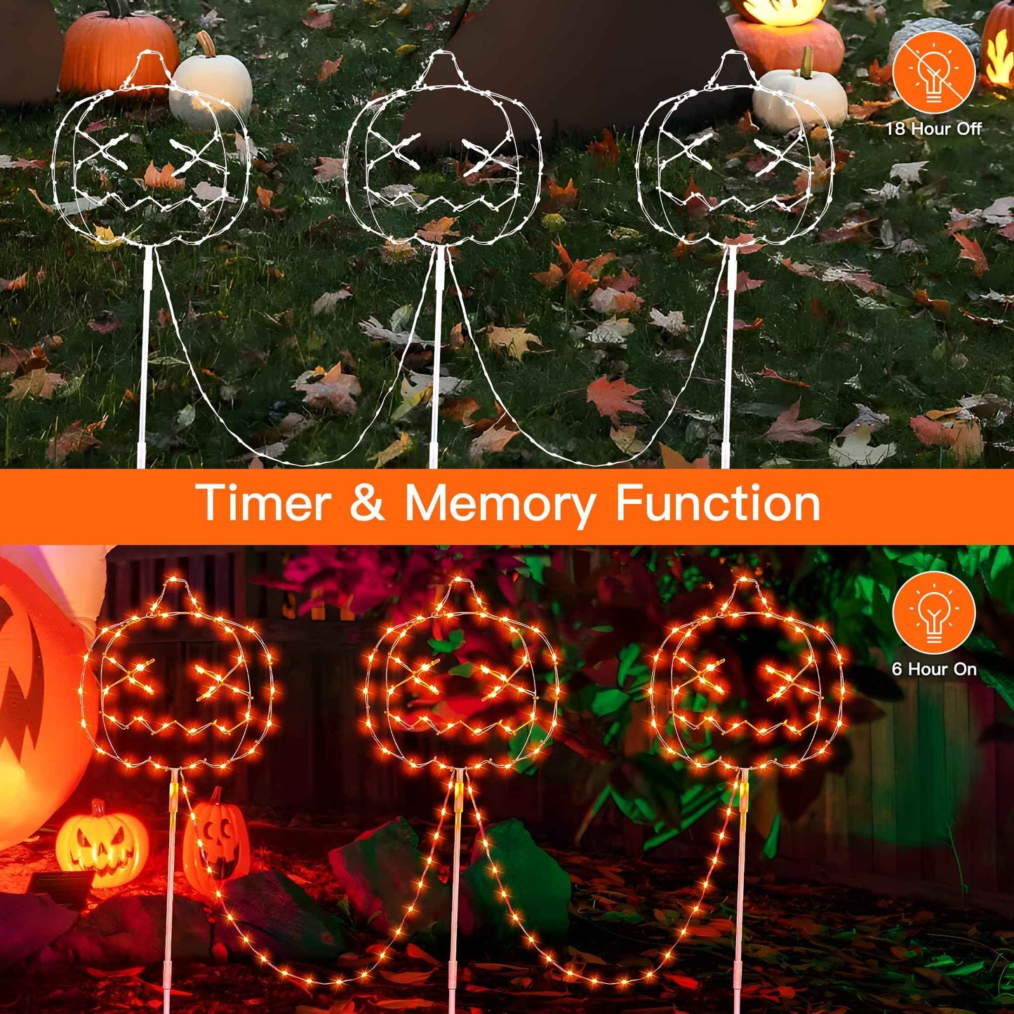 Woohaha Halloween Pumpkin Pathway Lights,163 LED Plug in Garden Outdoor Decorations，Waterproof String Lights with 3 Pumpkin Stakes Light for Garden Walkway Yard Driveway Lawn Party Decor（Orange）