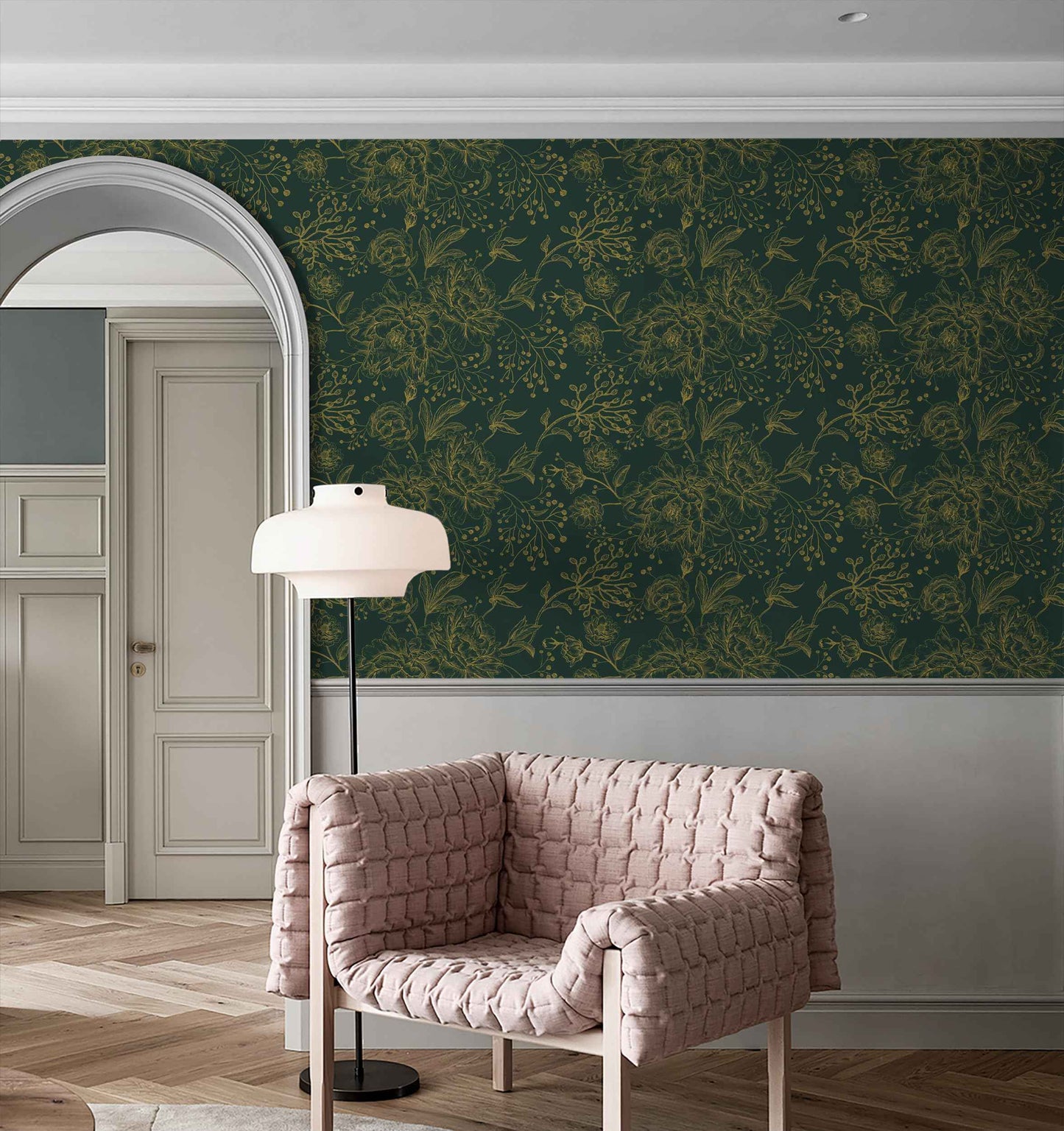 Safiyya Peel and Stick Wallpaper Boho Floral Contact Paper 196" x 17.3" Gold and Dark Green Wall Paper Modern Self Adhesive Removable Wallpaper for Bedroom Bathroom Vinyl Rolls