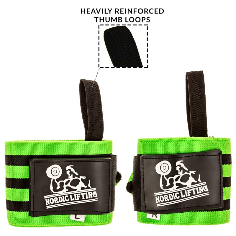 Wrist Wraps Super Heavy Duty (1 Pair/2 Wraps) 24" Support for Weight Lifting | Powerlifting | Gym | Cross Training - Weightlifting Thumb Loop - Men & Women - by Nordic Lifting -(Green)-1 Year Warranty