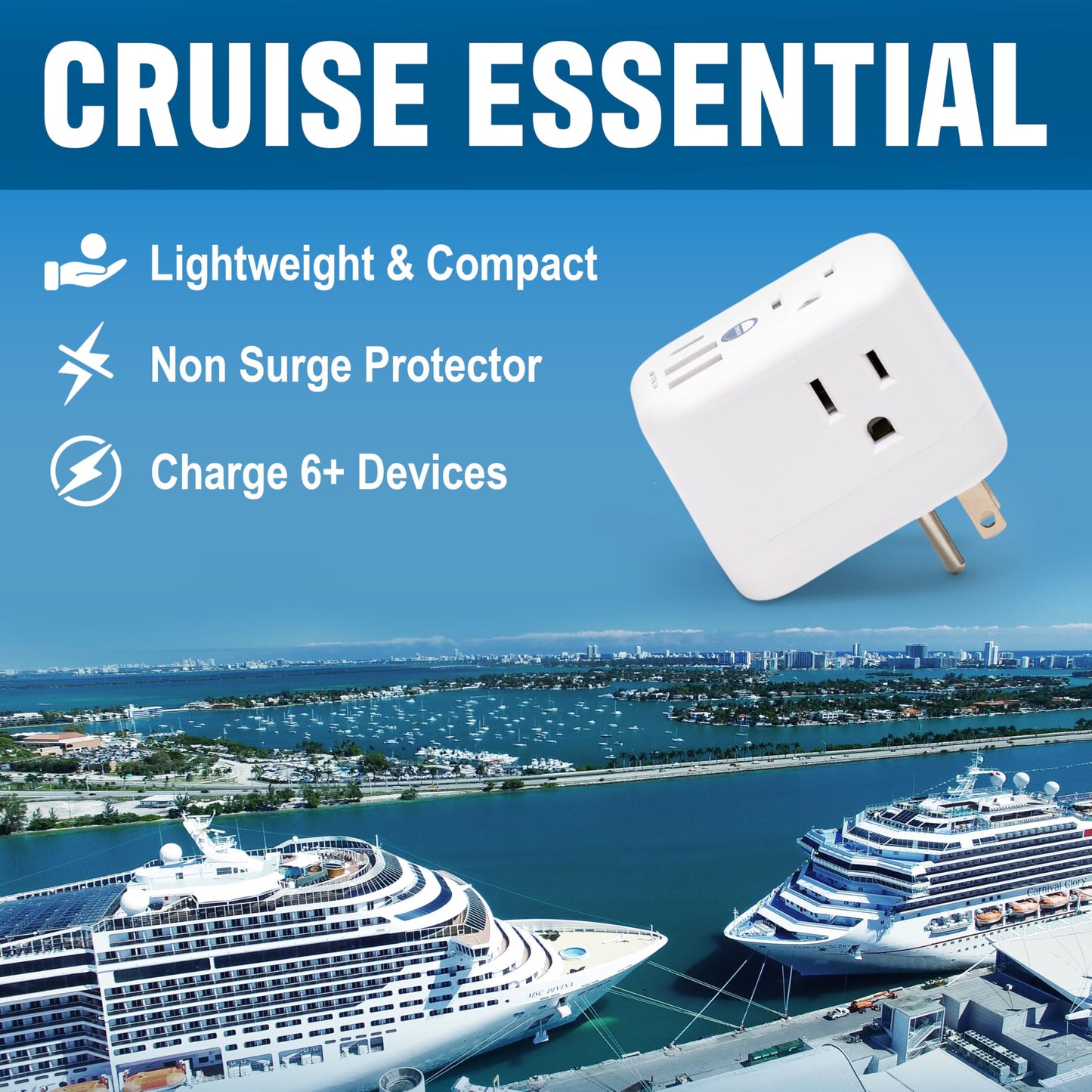 Cruise Approved Power Strip Foldable, Non Surge Protector Travel Power Strip, Multi Plug, 6 Outlets, 2 USB-A, 1 USB-C, & 3 AC Outlet for Carnival, Celebrity, Princess, & Major Lines in 2025 & 2026