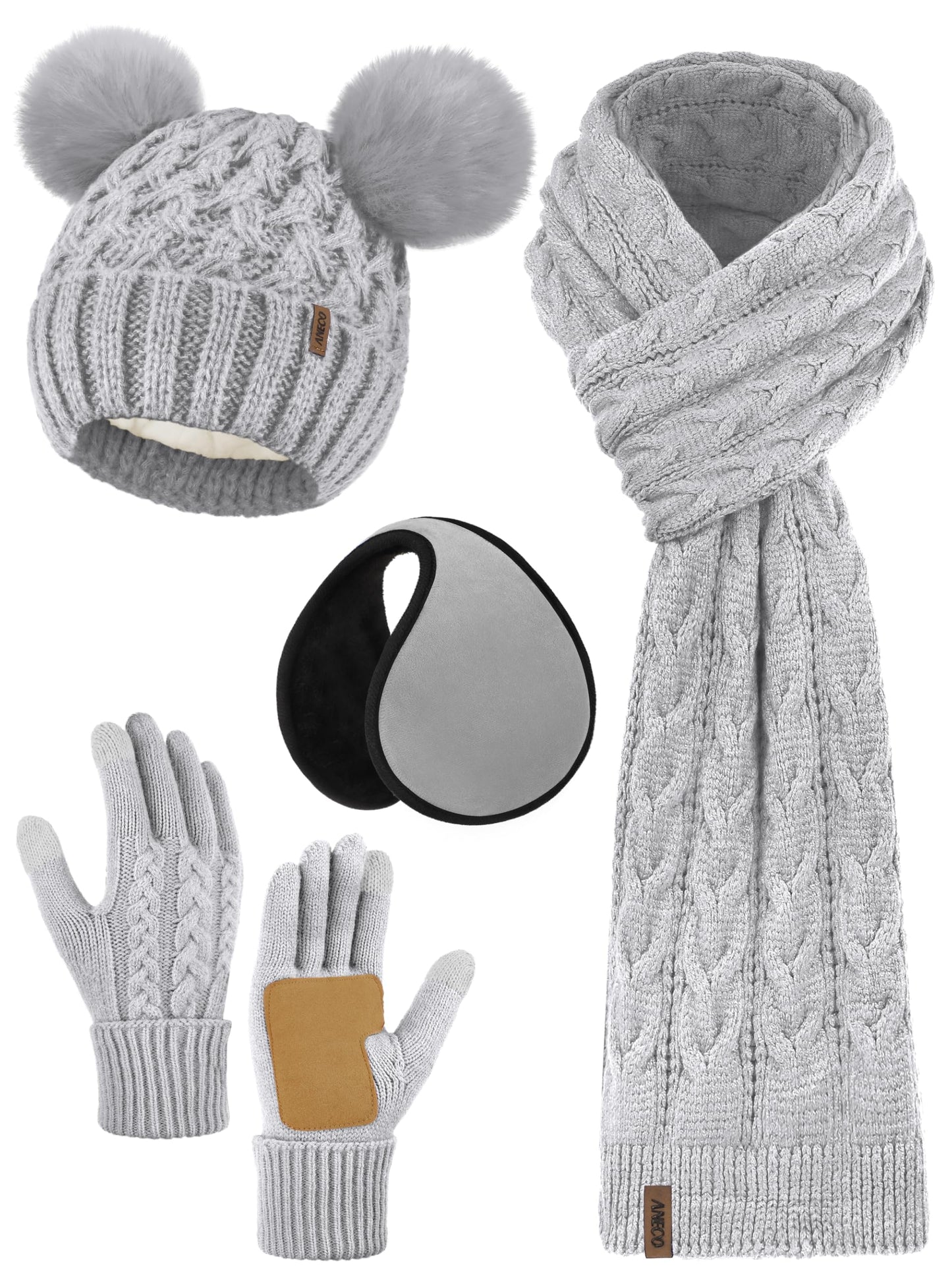 Aneco Winter Beanie Hat Scarf Gloves Ear Warmer Set for Women Fleece Lined Pom Pom Beanie Touchscreen Gloves 4 in 1 Set Light Grey