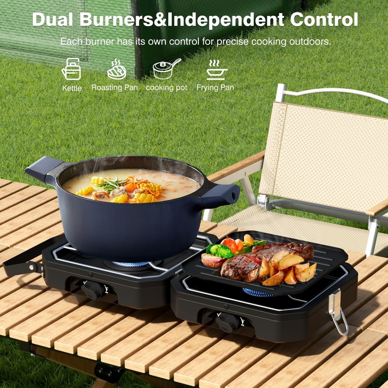 Camping Stove Portable Propane Camp Stove with Independently Adjustable Heat & Carry Bag, Foldable Gas Stove with 2 Burners for Outdoor Cooking,Tailgating & Backyard Gathering,BBQ (Black)