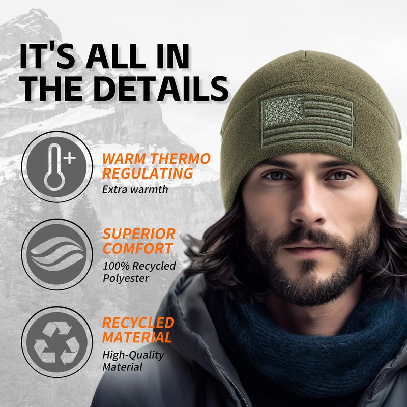 OUTDOOR SHAPING American Flag Fleece Watch Cap, All Season Army Military Tactical Beanie, Winter Warm Hat 2 Pack Black+Army Olive