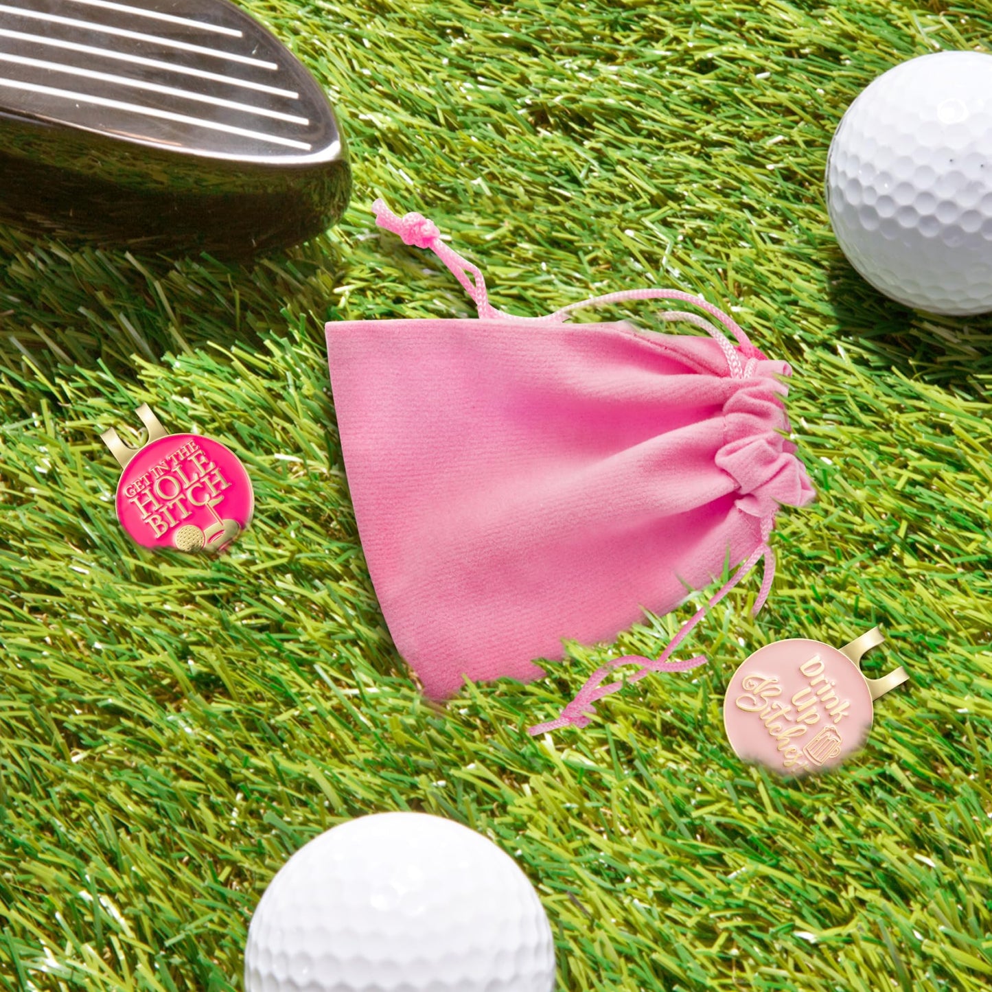 VERSRH Golf Ball Marker Clips - 2 Pcs Pink Funny Golf Ball Markers with 2pcs Magnetic Hat Clips & Pink Velvet Pouch Removable Attaches Caps Gift for Women Girls Golfer Club Accessories