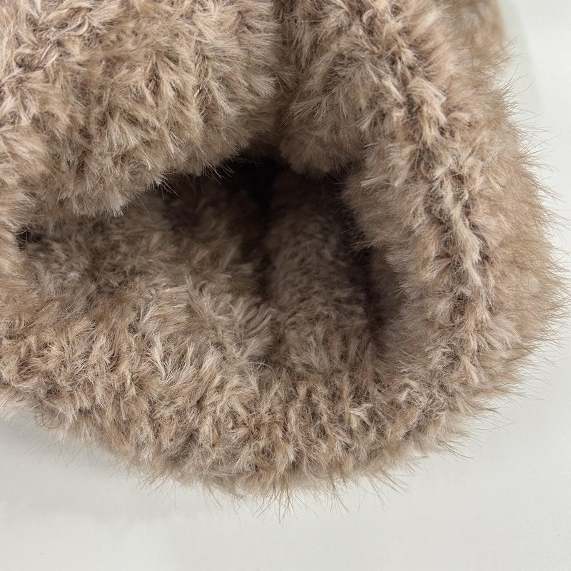 URAWOW Kawaii Bear Beanie Plush Hand Knitted Beanie Skull Cap Fur Fuzzy Furry Winter Hats for Man Women Accessories Brown