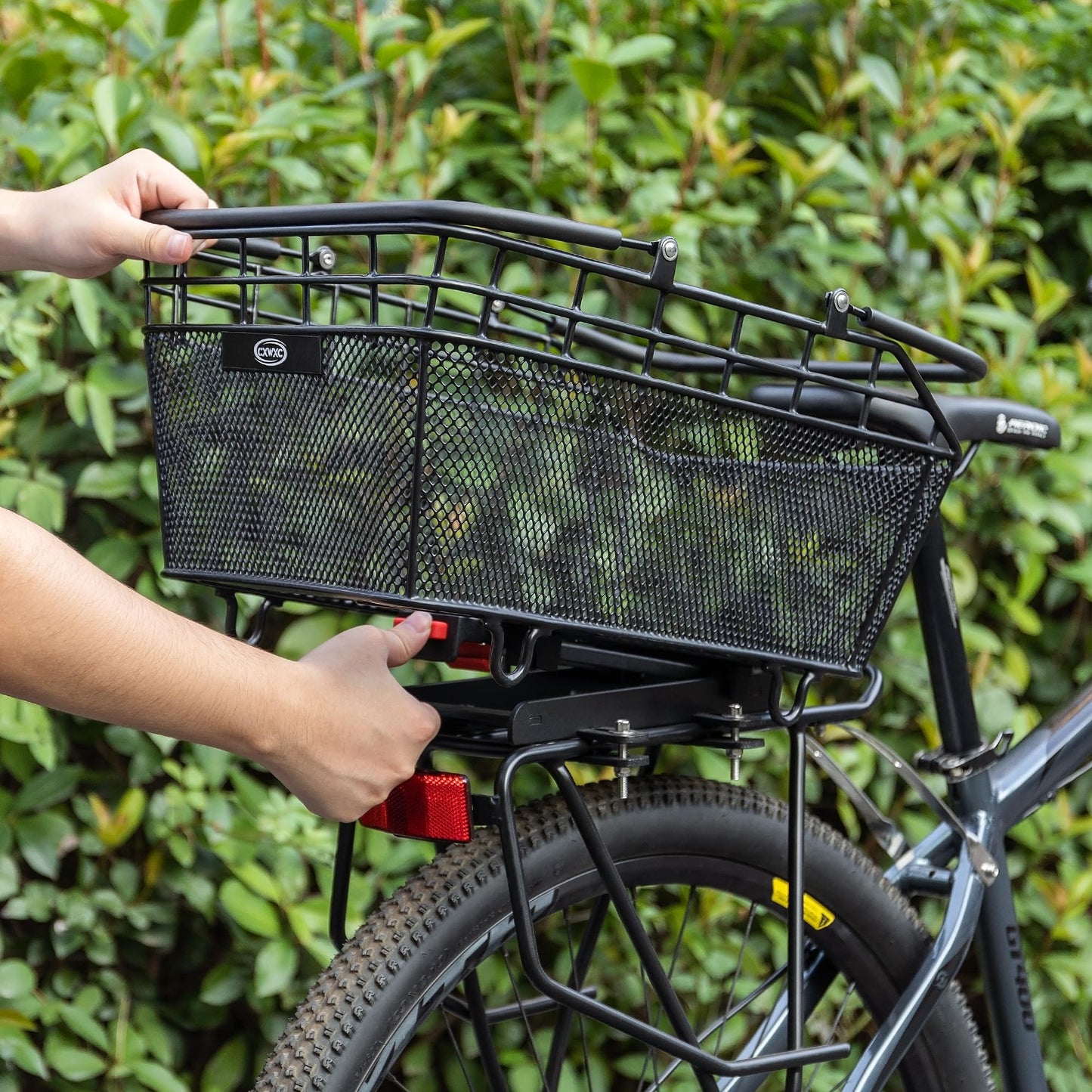 CXWXC Rear Bike Basket with Handle - Quick Release Bicycle Rear Basket with Cargo Net and Waterproof Cover, Wire Bike Baskets Rear Large Capacity (Wire Bike Basket)