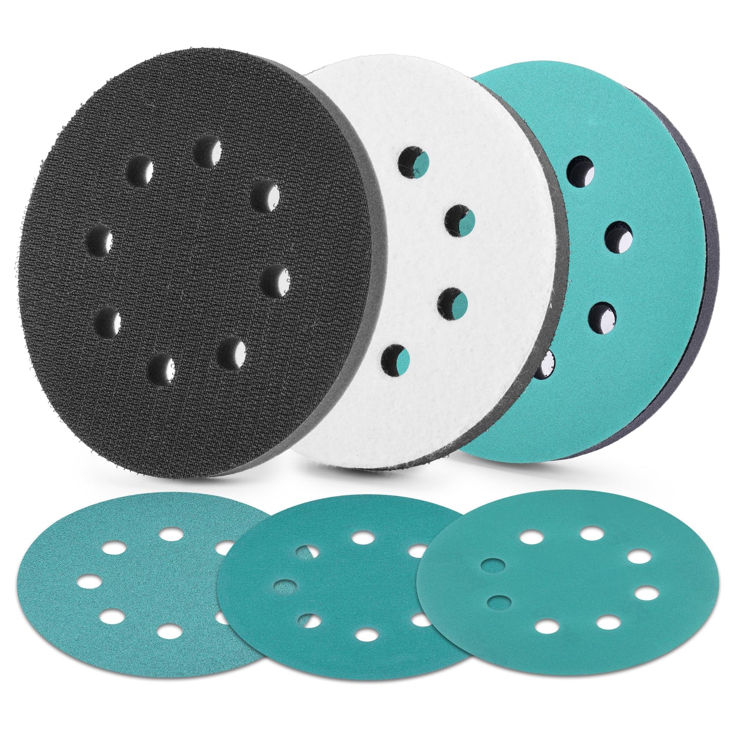 WORKPRO 5 Inch Orbital Sander Interface Pads and Sanding Discs, 3 Foam Buffer Pads & 3 Grit Sandpaper (80/120/240), 8 Hole Hook and Loop Soft Cushion Sponge Backing for Sander