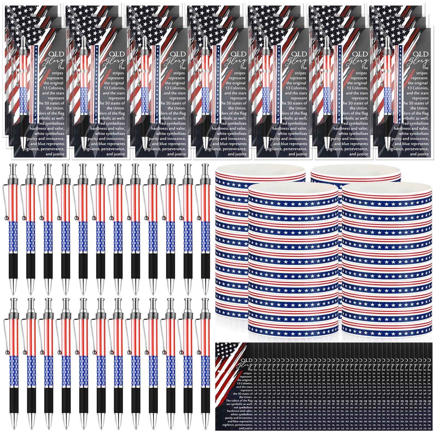 Sayglossy 180 Pcs Veterans Day Gifts American Flag Ballpoint Pens Red White Blue Patriotic Stars Stripes Stationery Gift Silicone Wristband Bookmarks for Patriot Memorial Heroes Supplies