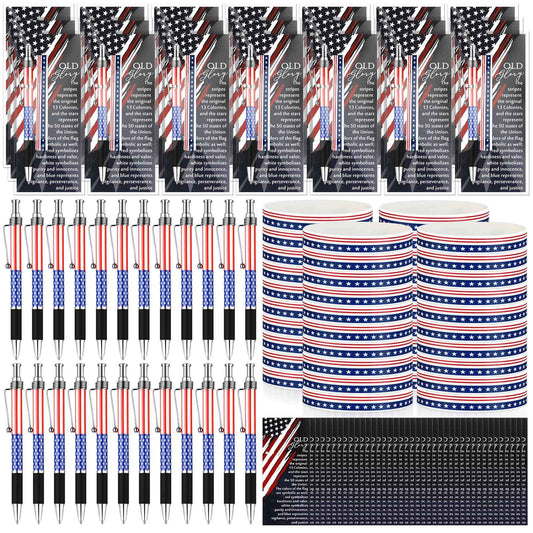 Sayglossy 180 Pcs Veterans Day Gifts American Flag Ballpoint Pens Red White Blue Patriotic Stars Stripes Stationery Gift Silicone Wristband Bookmarks for Patriot Memorial Heroes Supplies