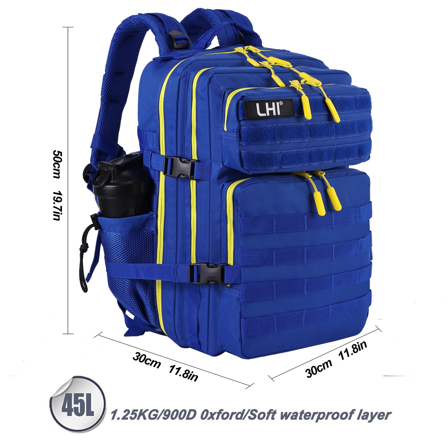 LHI Military Tactical Backpack for Men and Women 45L Army 3 Days Assault Pack Bag Large Rucksack with Molle System - Blue with yellow zipper