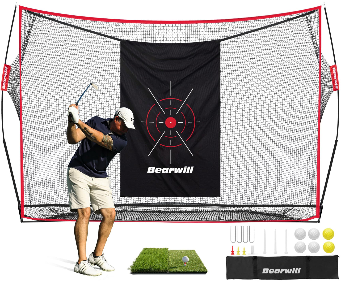 Bearwill Golf Net, 10x7ft Heavy Duty Golf Practice Nets with Mat, Target Cloth, 7 Tees, 6 Balls, Carry Bag for Backyard Driving Chipping Indoor Outdoor Training