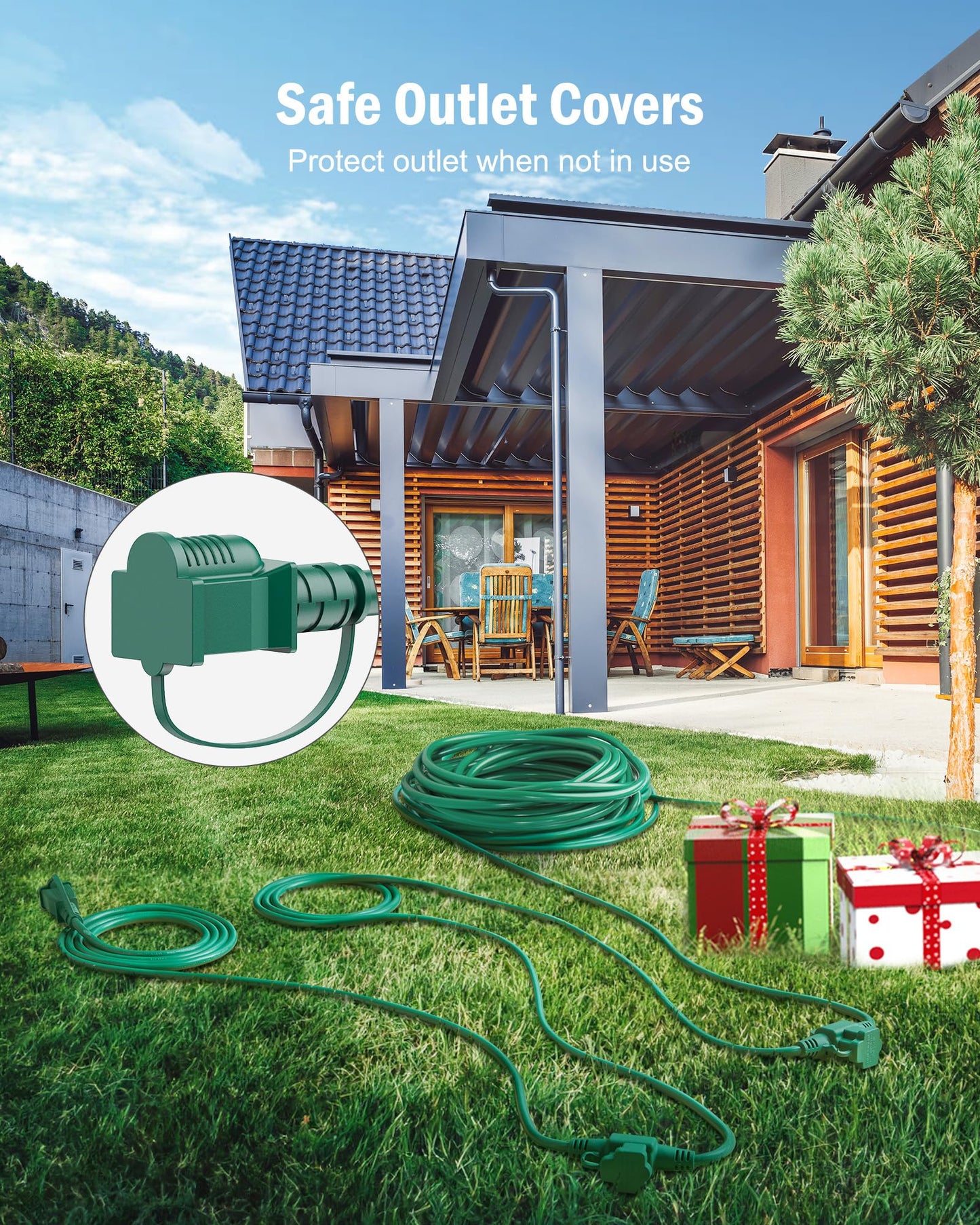 Brightown Outdoor Extension Cord Multiple Outlet, 2 Packs Each 50 Ft Christmas Light Extension Cord Evenly Spaced 6 Outlets Plugs with Safety Cover, 16/3 SJTW Green Extension Cord Waterproof