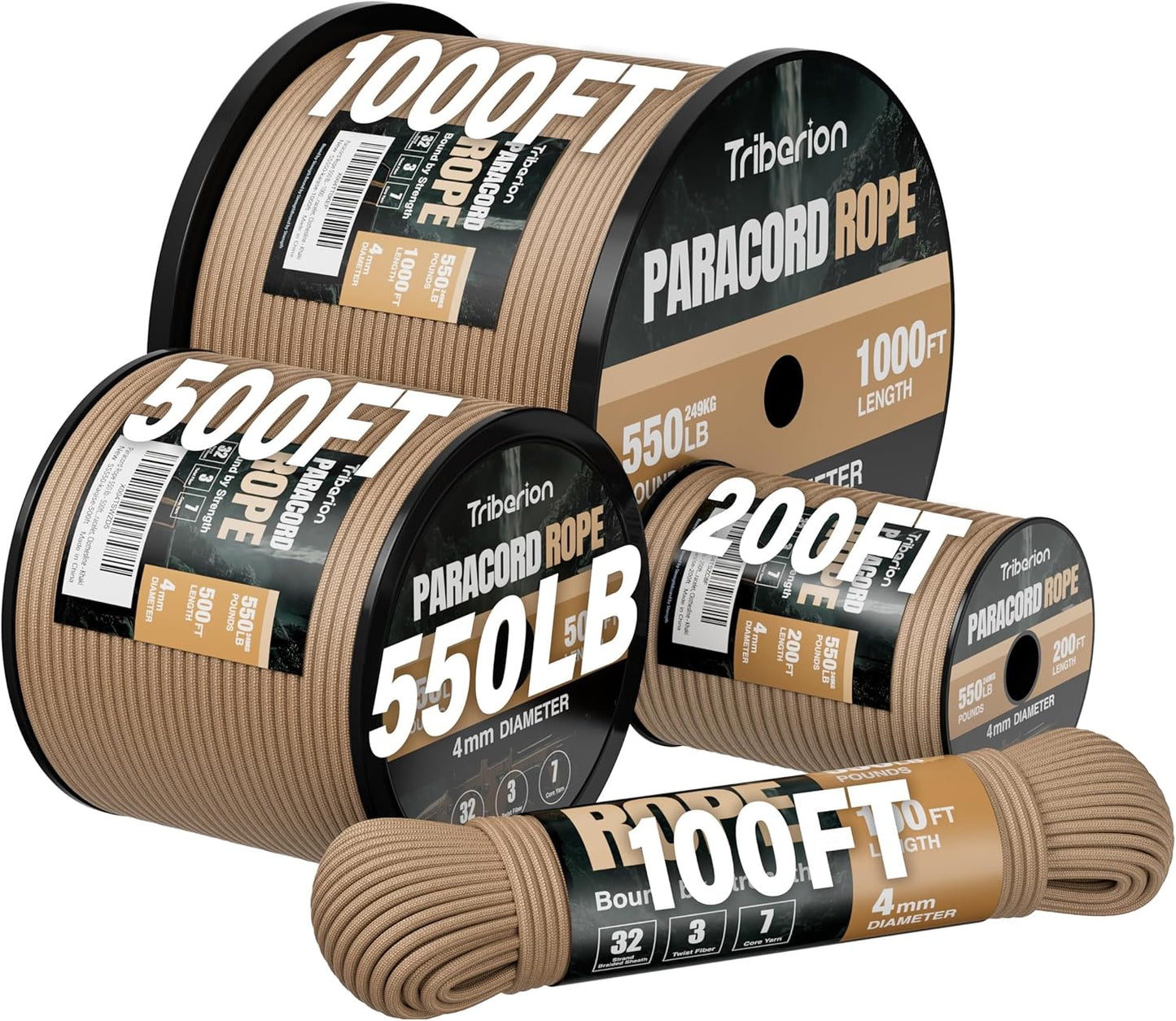 Paracord 550 lb - 500ft Heavy Duty 7-Strand Parachute Cord | Ideal for Camping, Survival Gear, Khaki