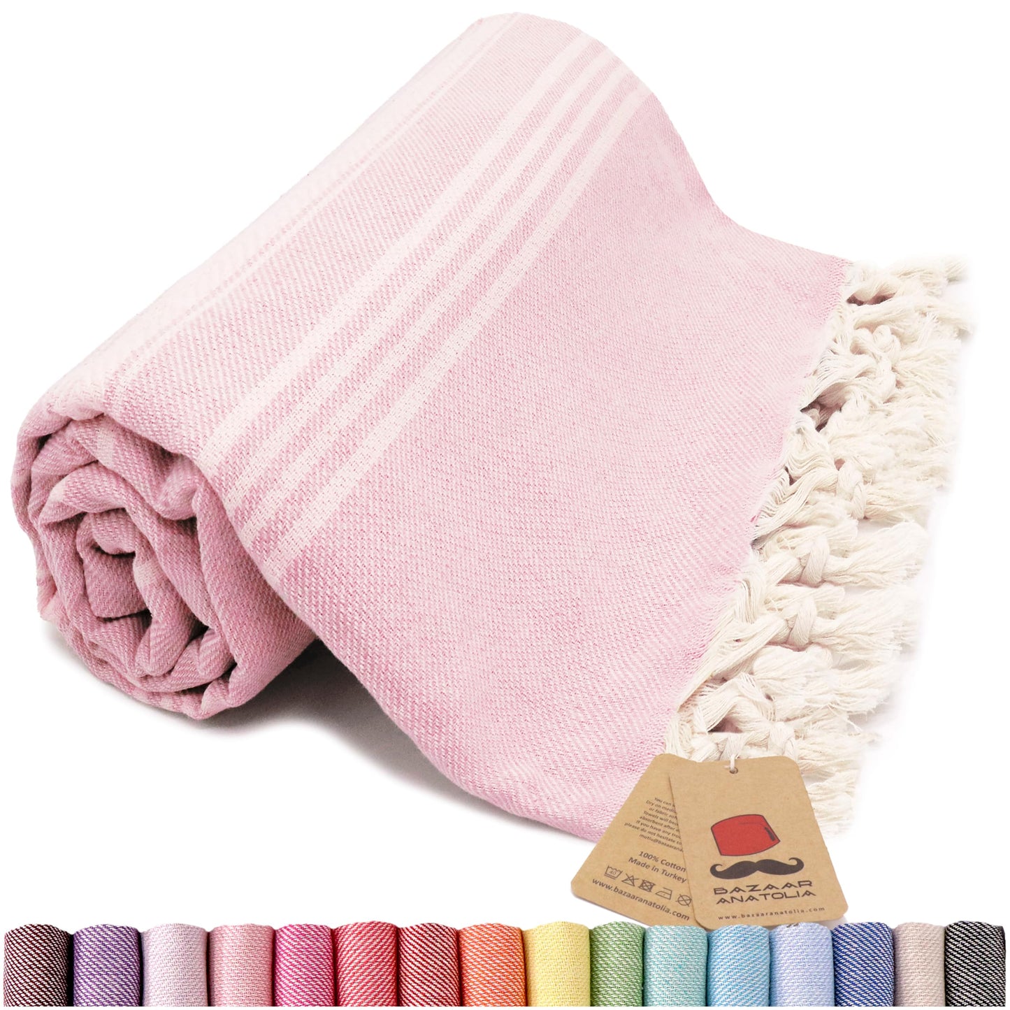 Bazaar Anatolia Turkish Beach Towel – 100% Cotton, Quick Dry, Sand Free Towel for Bathroom, Camping, Travel – Oversized 71x39 Inches – Stripe Pink