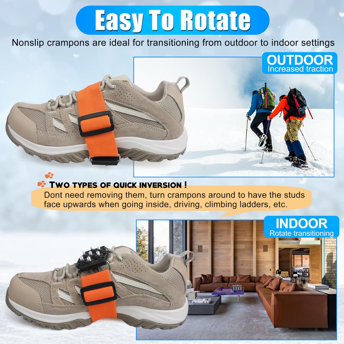 Ice Cleats Snow Traction Cleats for Walking on Snow and Ice Mid-Sole Non-Slip Crampons with Adjustable Straps 7 Tungsten Studs for Grippers Anti Slip Traction Cleats for Walking Jogging Hiking S-1pair