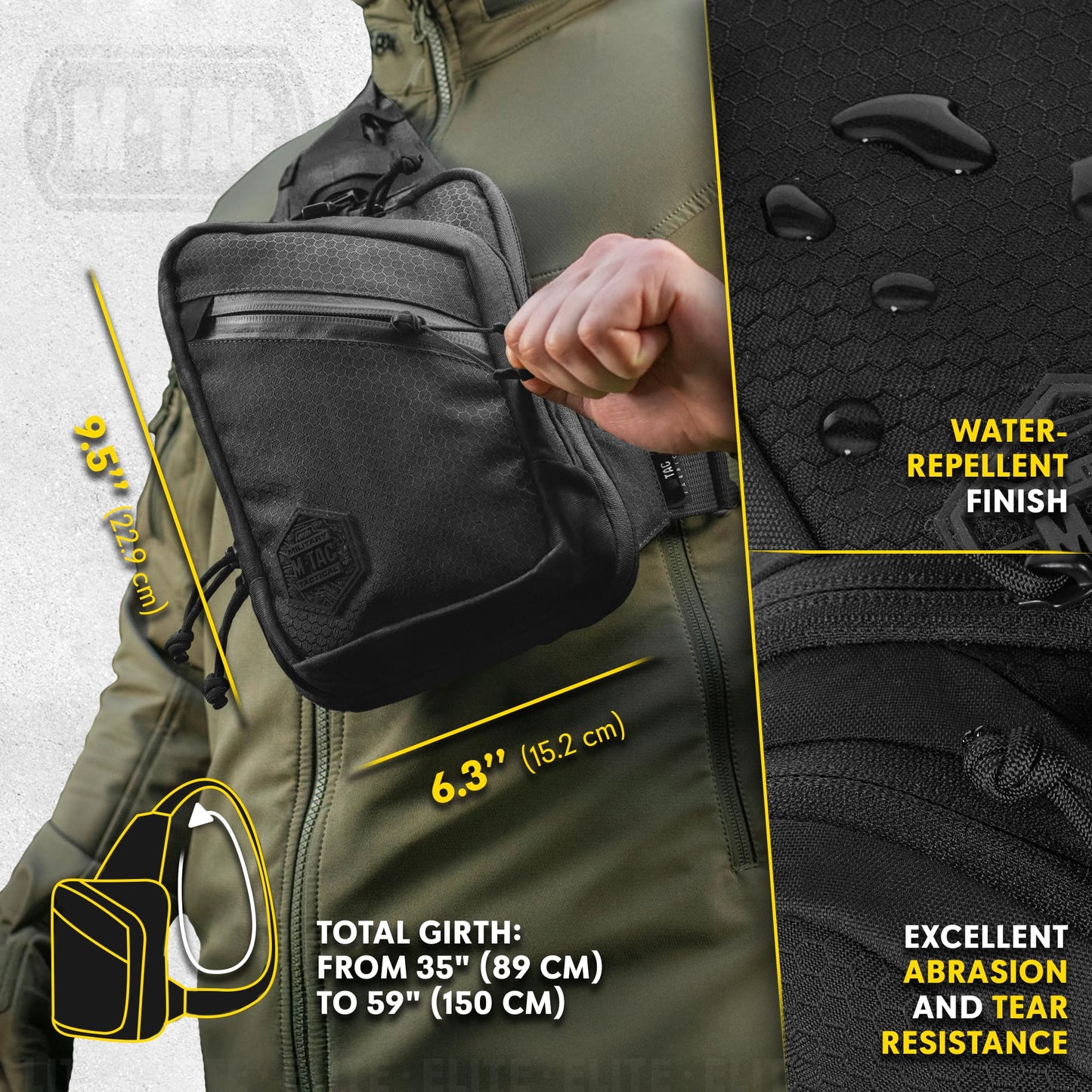 M-Tac Elite Tactical Sling Bag for Men - Crossbody Bag - Concealed Carry Chest Bag - Black Sling Backpack