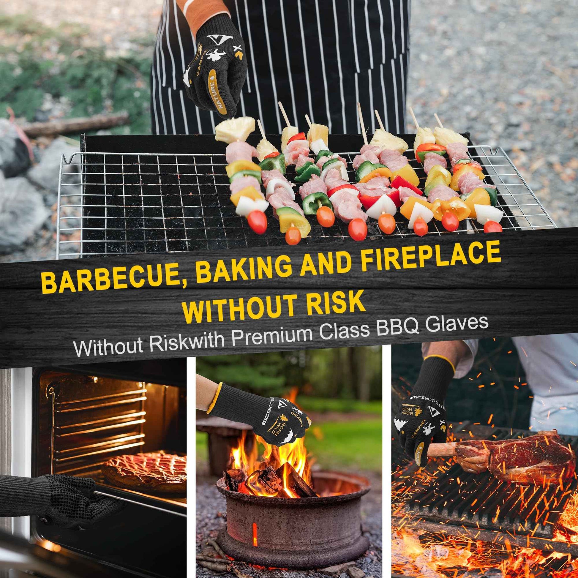 AOBAILI BBQ Gloves, Grilling Gloves Heat Resistant Oven Gloves, Kitchen Silicone Oven Mitts, Long Waterproof Non-Slip Pot Holder for Barbecue, Cooking, Baking, Black (Black)