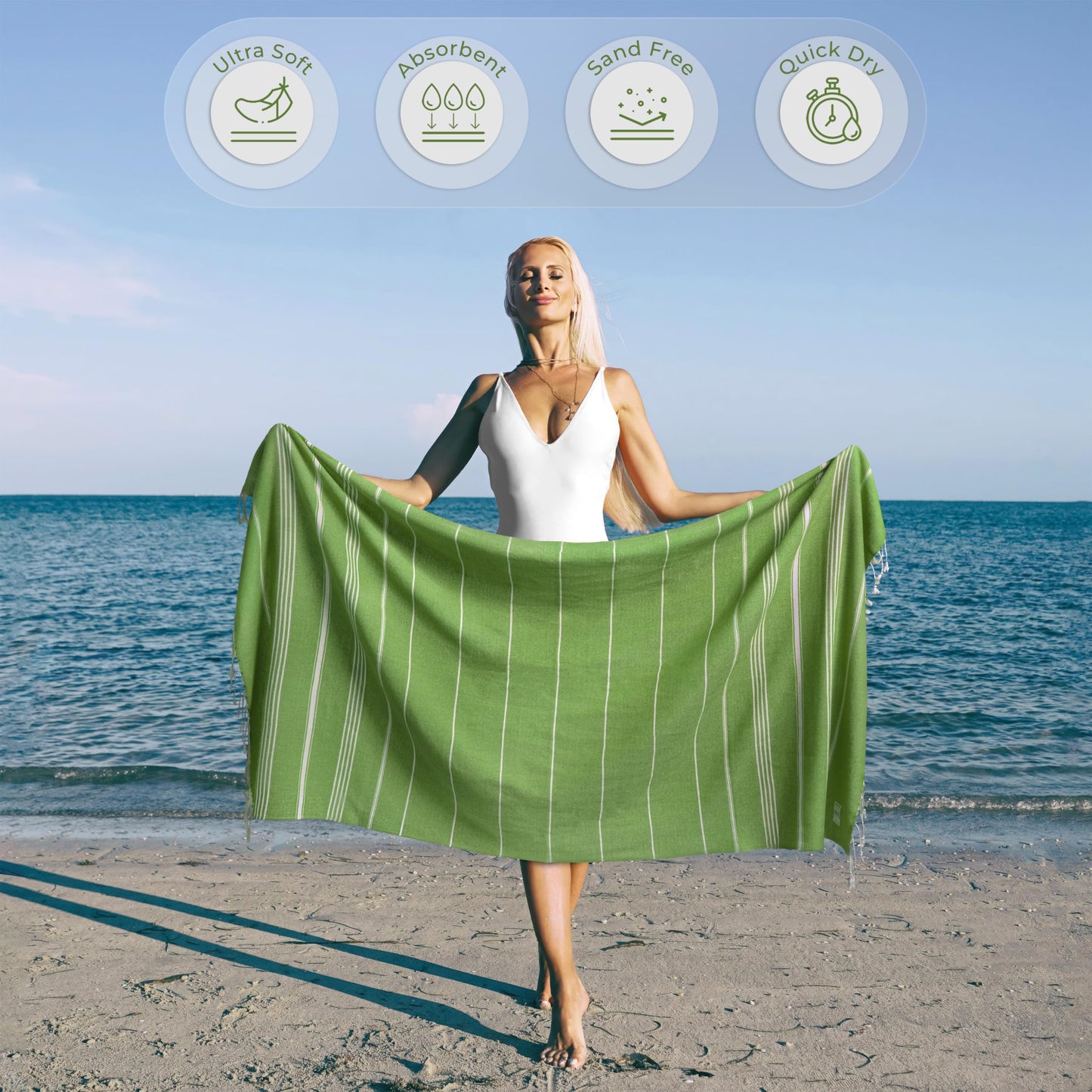 Ossano Turkish Beach Towel Absorbent & Lightweight Oversized (39" x 71") - Quick Dry, Versatile and Functional as Yoga Mat, Picnic Blanket, Travel Blanket, Bath, Gym, Camping Towel - Pistachio Green