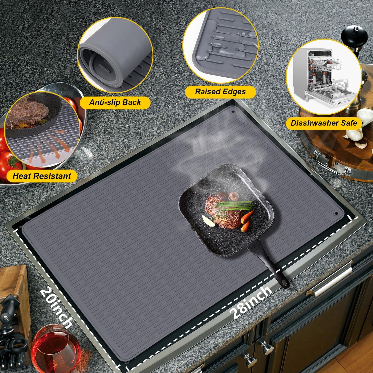 Stove Top Cover for Electric Stove, Stove Cover 28x20inch, Heat Resistant Stove Top Mat, Silicone Stove Mat for Glass Top Stove, Dish Drying Mat for Kitchen (Black, XL)