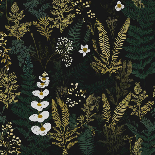 Black Floral Wallpaper Peel and Stick Dark Green Gold Leaf Contact Paper Waterproof Self-Adhesive Forest Tropical Fern Wall Paper for Bedroom Countertop Desk Cabinets 17.4" x 118" Renter Friendly