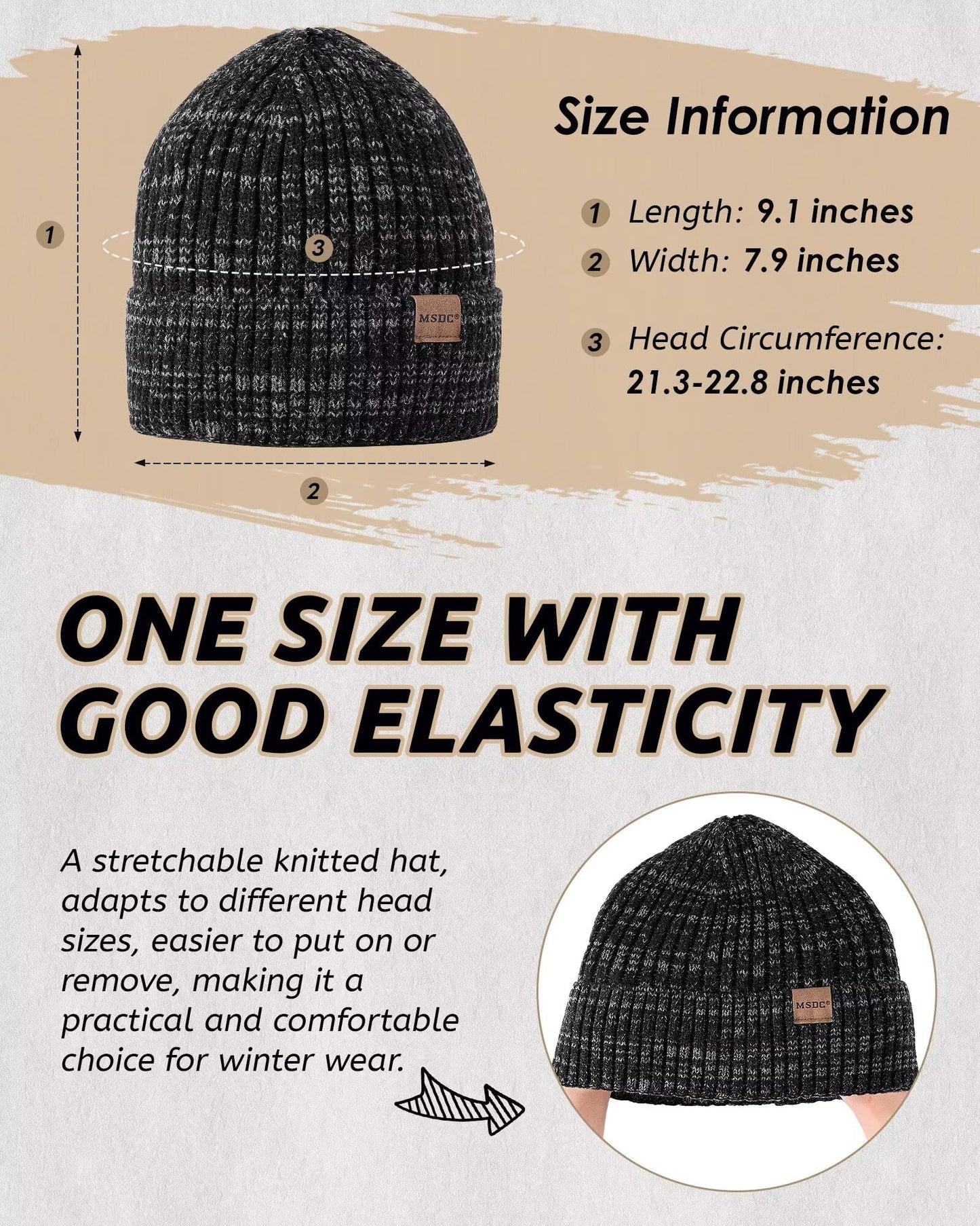 MSDC 3 Pack Winter Hats for Men, Warm Fleece Lined Beanie for Men Women, Soft Thermal Cable Knit Hat Fashionable Cuffed Skull Cap for Cold Weather-01