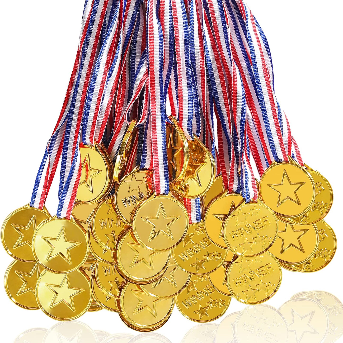 JIEJOYS 100 Pieces Gold Plastic Winner Medals for Awards for Kids, Award Medals for Kids Sports Awards, Games Competitions, Prizes,Party Favors and Decorations.