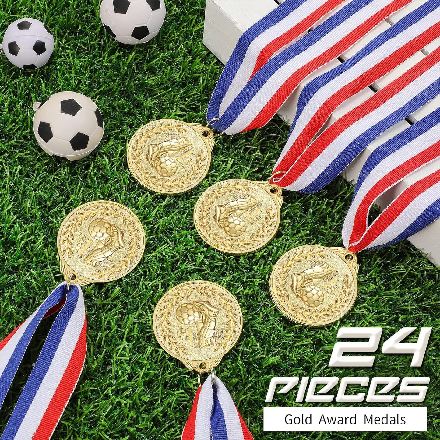 Yinkin Soccer Medals Set - 24 Gold Participation Trophies with Red, White & Blue Ribbons | Perfect for Sports Teams