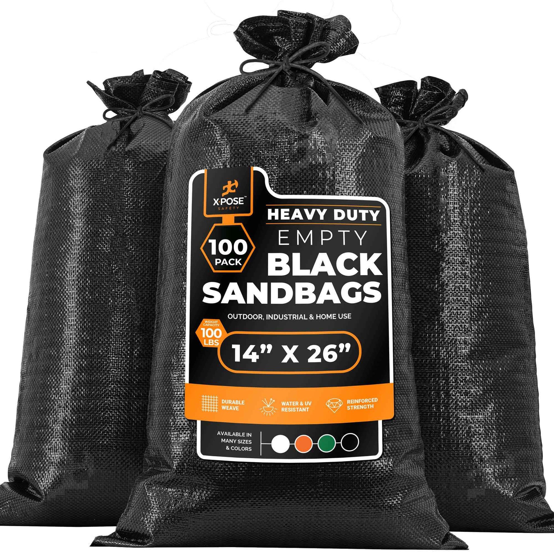 Xpose Safety Heavy Duty Sand Bags with Tie Strings – Empty Woven Polypropylene Sandbags for Hurricane Flood Protection, 100 lb Capacity, 14" x 26", Black, Pack of 100