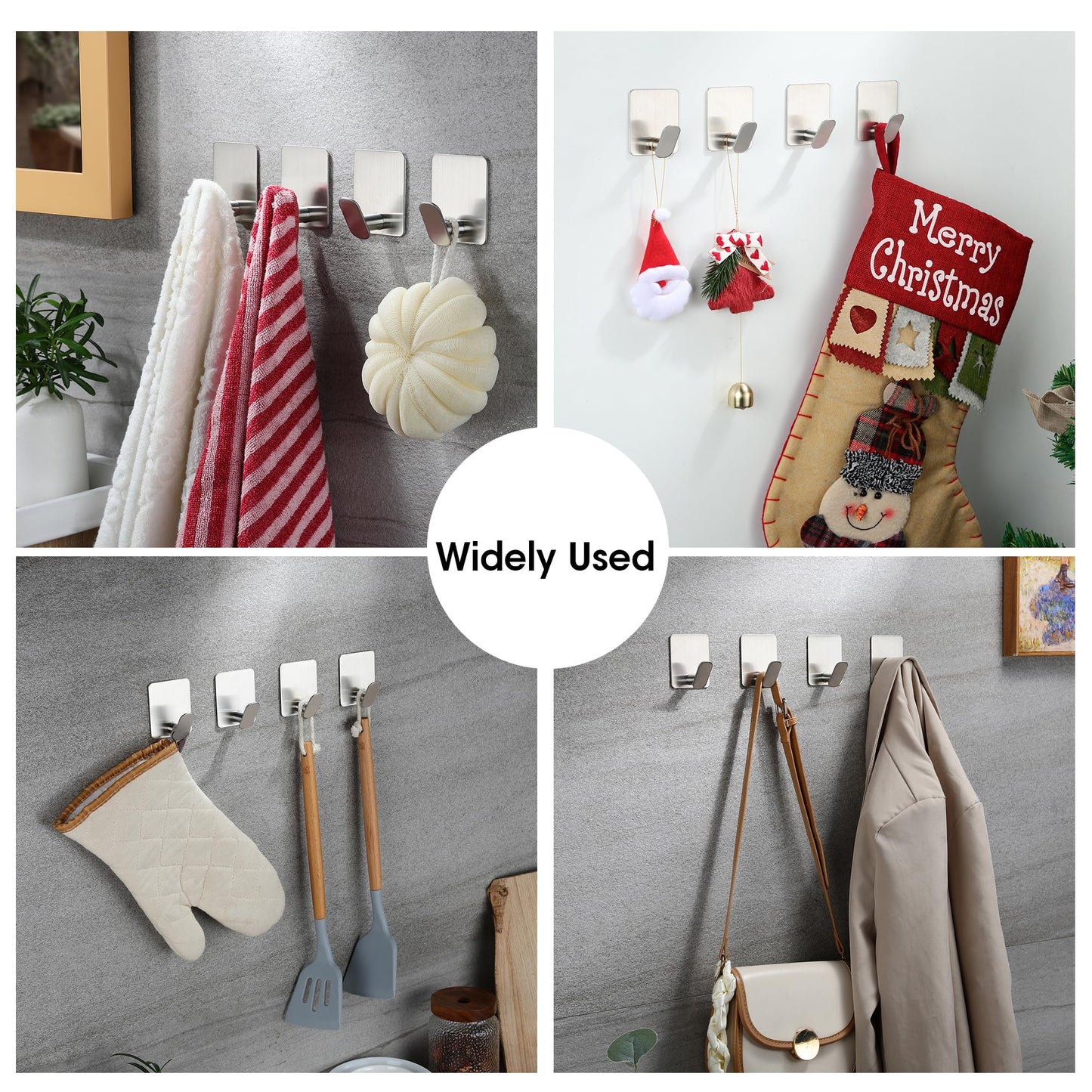 YIGII Silver Walls Hooks, Self Adhesive Hooks for Hanging Coat Clothes Closet Robe Heavy Duty, Towel Holder Stick on Bathroom Kitchen, 4 Pack