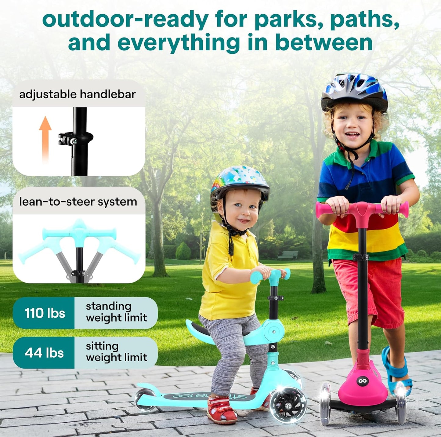 SereneLife 3-Wheel Kids Scooter - Foldable Design, LED Wheel Lights, Adjustable Handlebar | For Toddlers & Kids 3+, Up to 110 lbs