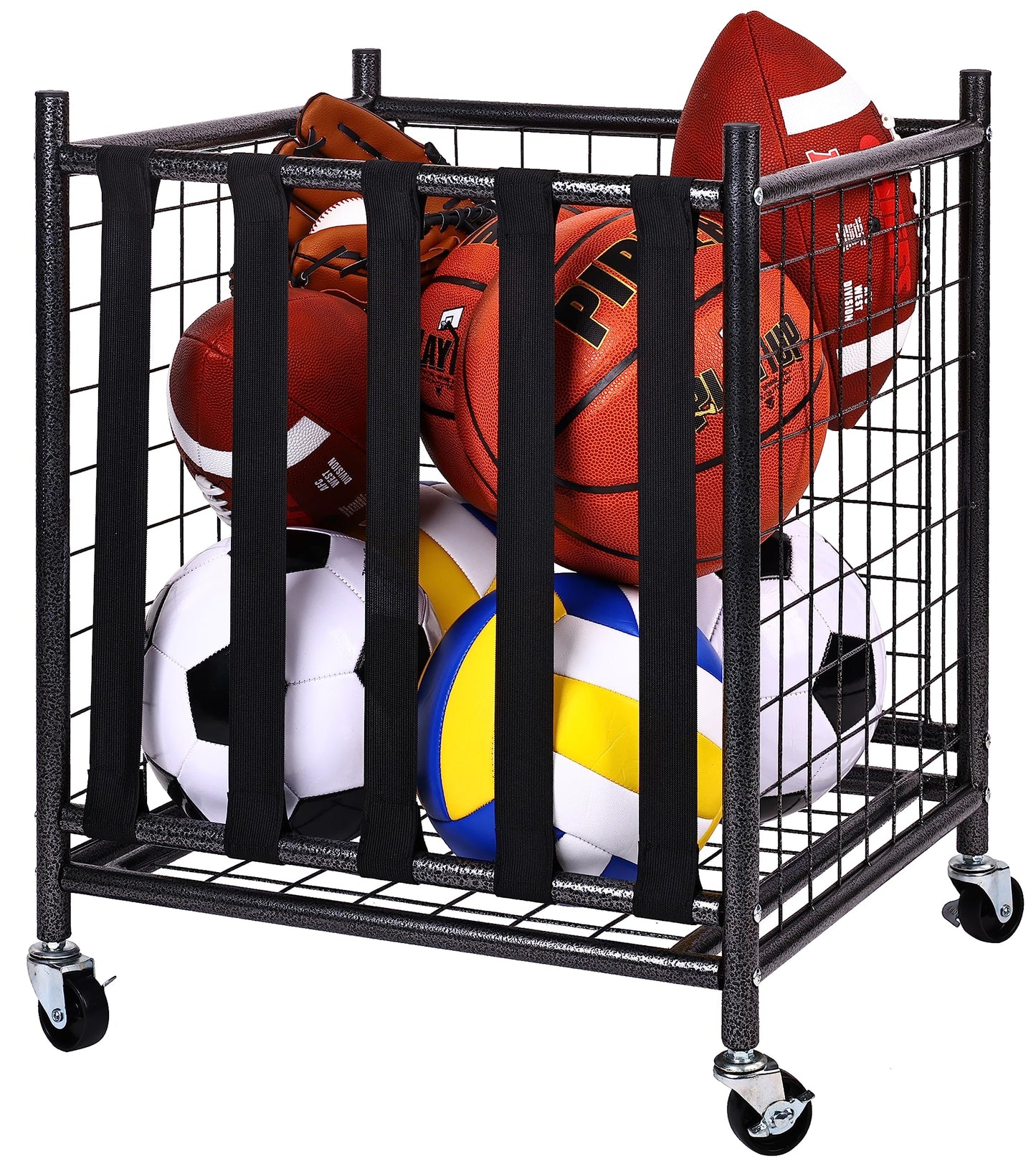 Fitvids Sports Equipment Organizer – Ball Storage Cart with Baskets and Hooks – Organizer with Straps – Black