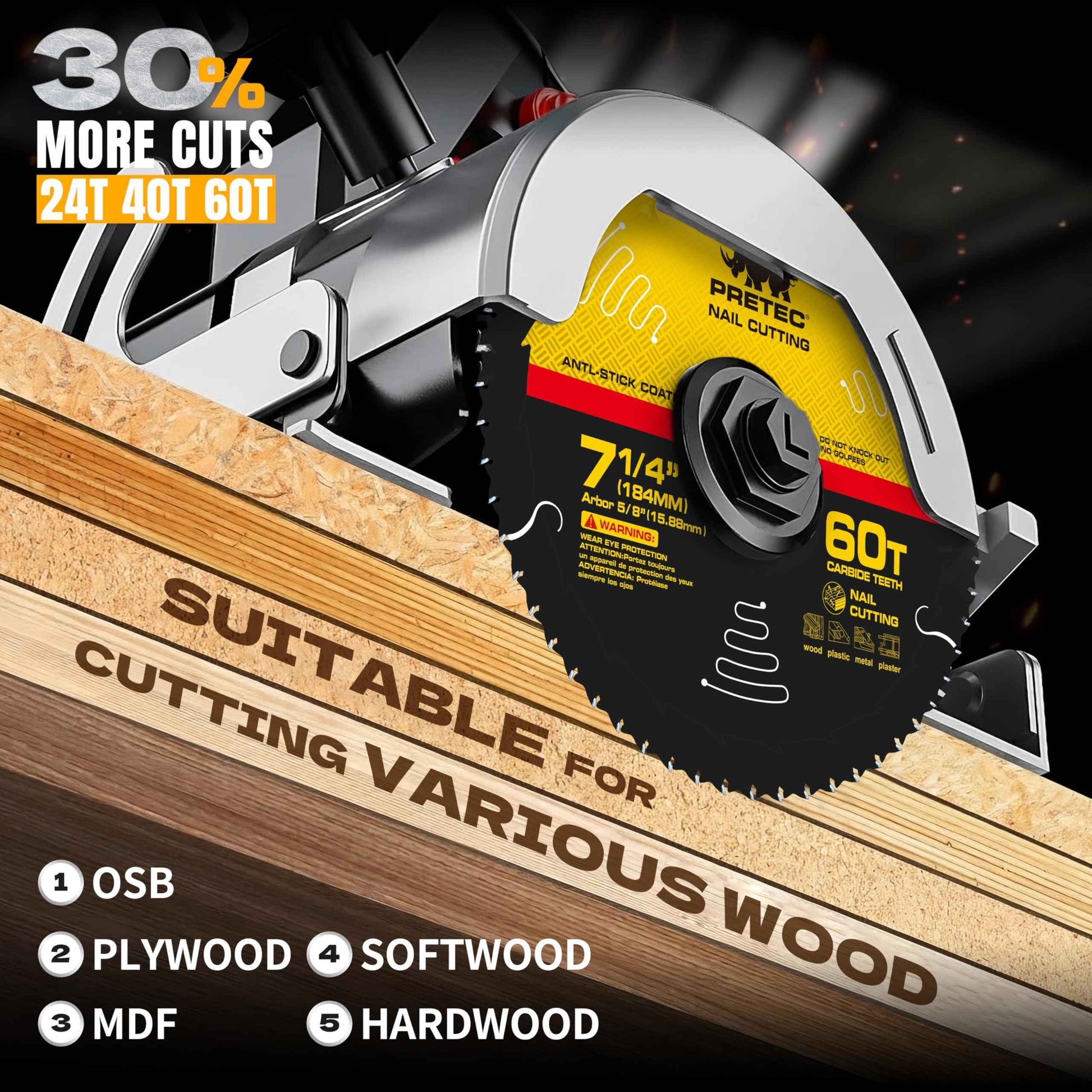 7 1/4“ Circular Saw Blade, 24T&40T&60T ATB Circular Saw Blade Fine Finish, 5/8" Arbor, TCT, Anti-Vibration, Teflon Anti-Stick, Miter Saws Blades for Wood, MDF, OSB, Laminated, Plywood (3Pack)