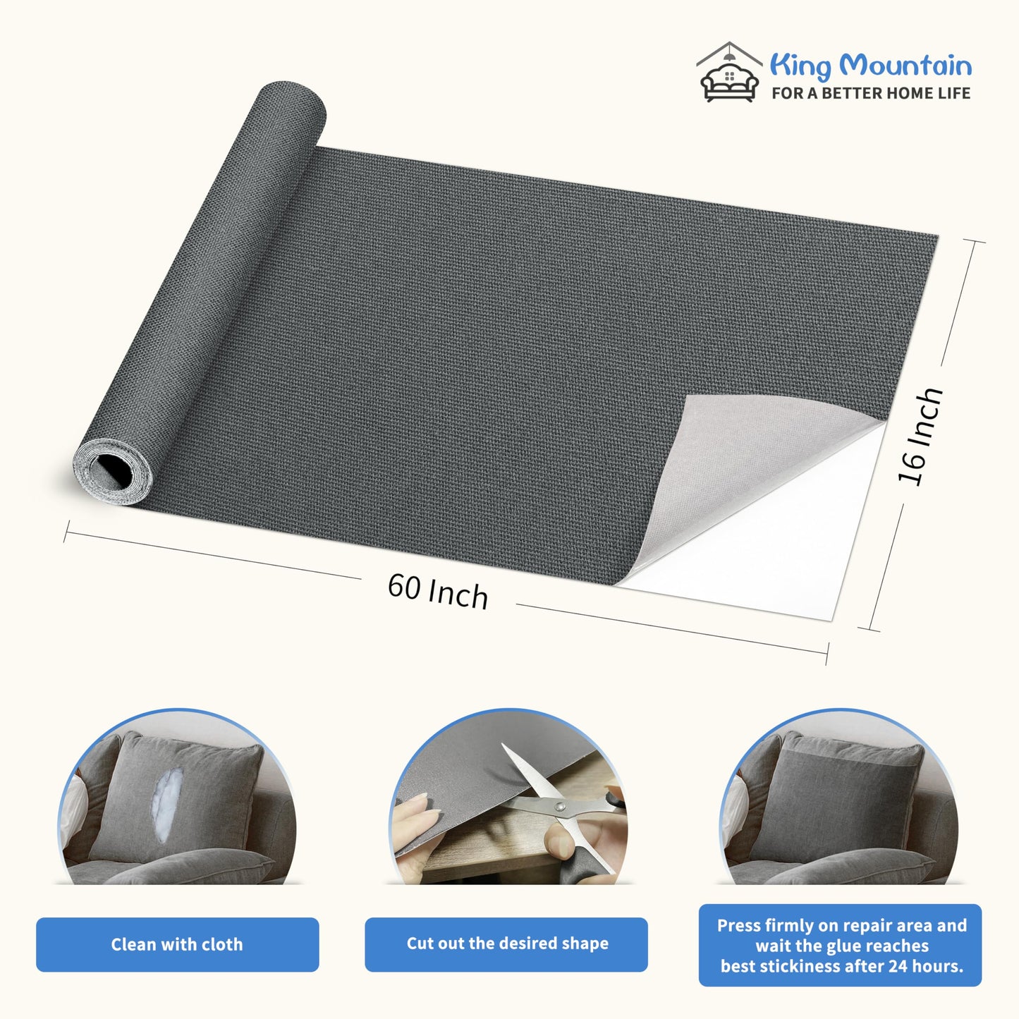 KING MOUNTAIN Canvas Repair Patch 16×60 Inch Self-Adhesive Waterproof Fabric Patch for Sofas, Tents, Furniture,Tote Bags, Car Seats (Dark Grey 2.0)