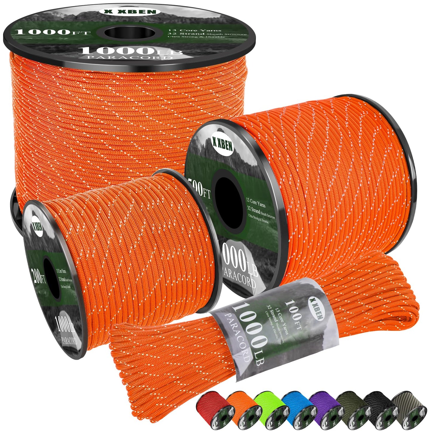 X XBEN Paracord Reflective 1000lb, 50/100/200/500/1000ft 4mm, 13 Strand Parachute Spool Cord, Heavy Duty Paracord Rope for Tent Camping, Fishing, Hiking, DIY Crafts & Survival Bracelet, Orange