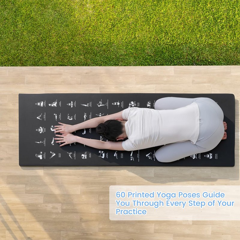 MABOZOO 1 Inch Instructional Yoga Mat with Poses, PU Leather Exercise Mat with 60 Illustrated Yoga Poses, Workout Cushion with Carrying Handles for Pilates, Stretching(68 * 24 Inch, Black)