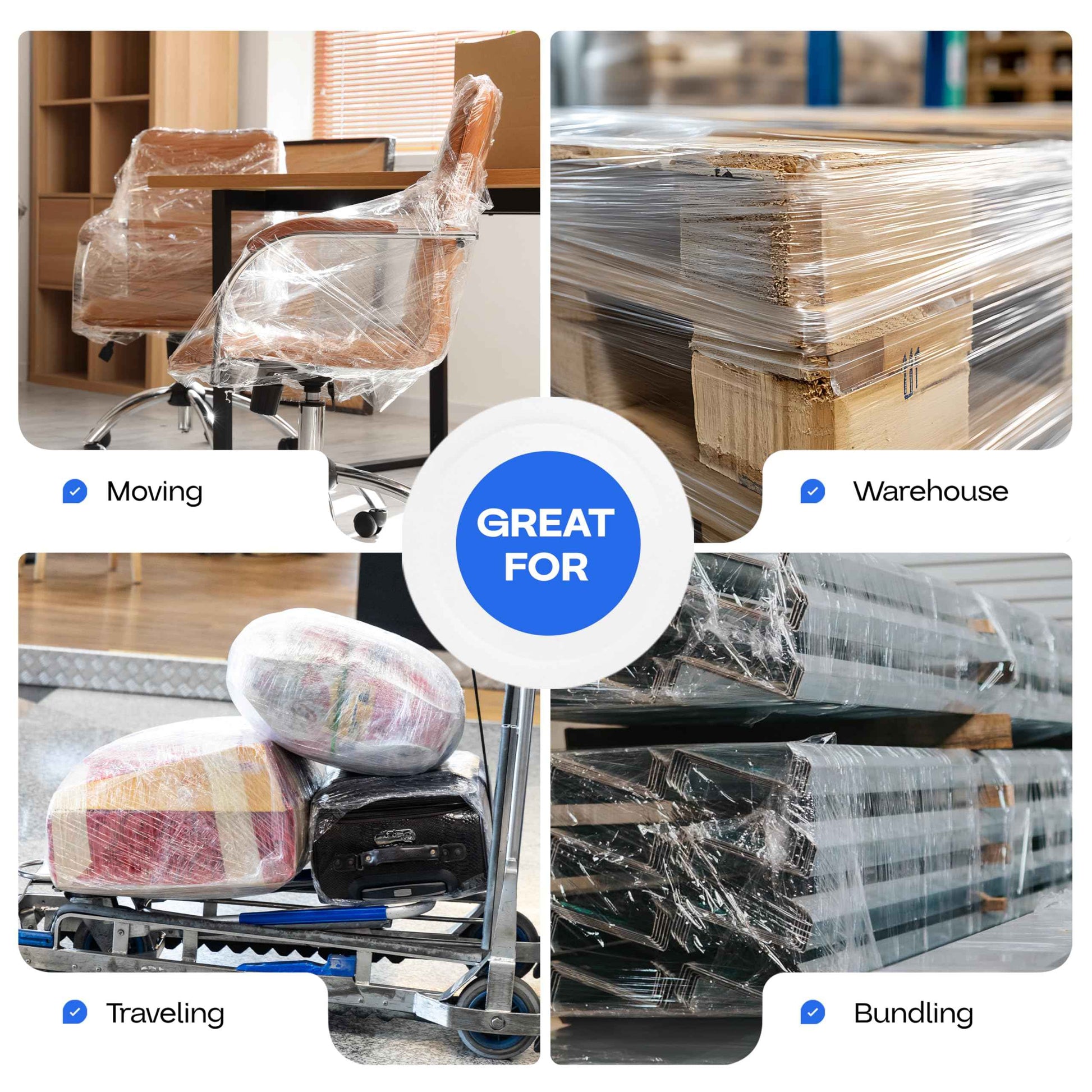 IDL Packaging 3"x 1000' Stretch Wrap Mini Roll of 80 Gauge (4 Rolls) with Plastic Handle - Extra Sticky Clear Plastic Wrap Film - Great for Moving and Office Needs - Self-Adhesive Wrap Packaging