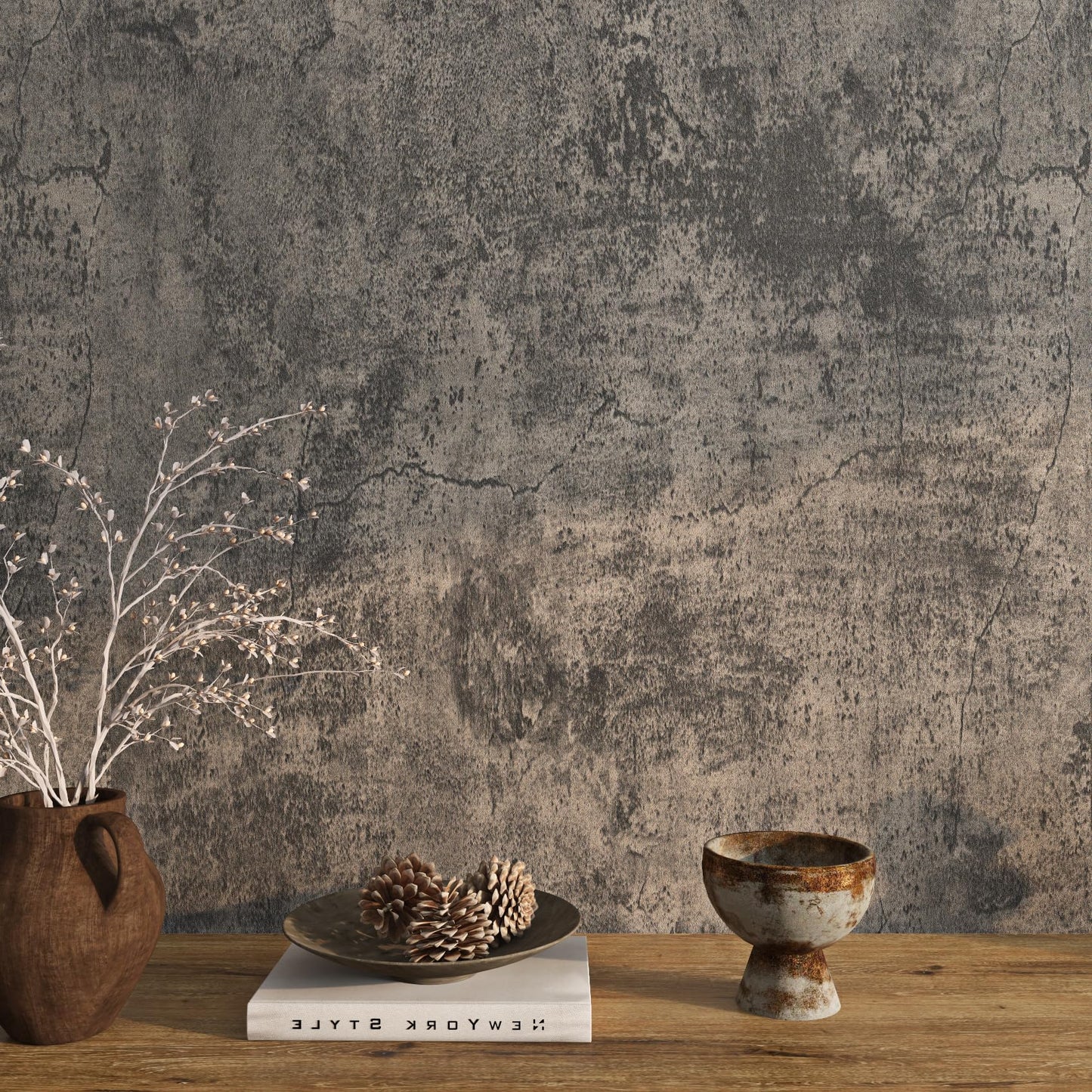Livelynine Moody Concrete Wallpaper Peel and Stick Industrial Modern Brown Black Limewash Wallpaper Waterproof Dark Aged Cement Wall Mural Removable Cracked Concrete Contact Paper Vinyl 15.8x78.8