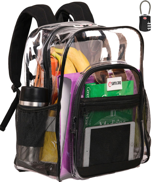 SHYLERO Clear Backpack For Work XL. Heavy Duty Backpack has TSA Lock, 2-WAY Zip, Transparent PVC - H18''xW14''xD8 (Small Black, S)