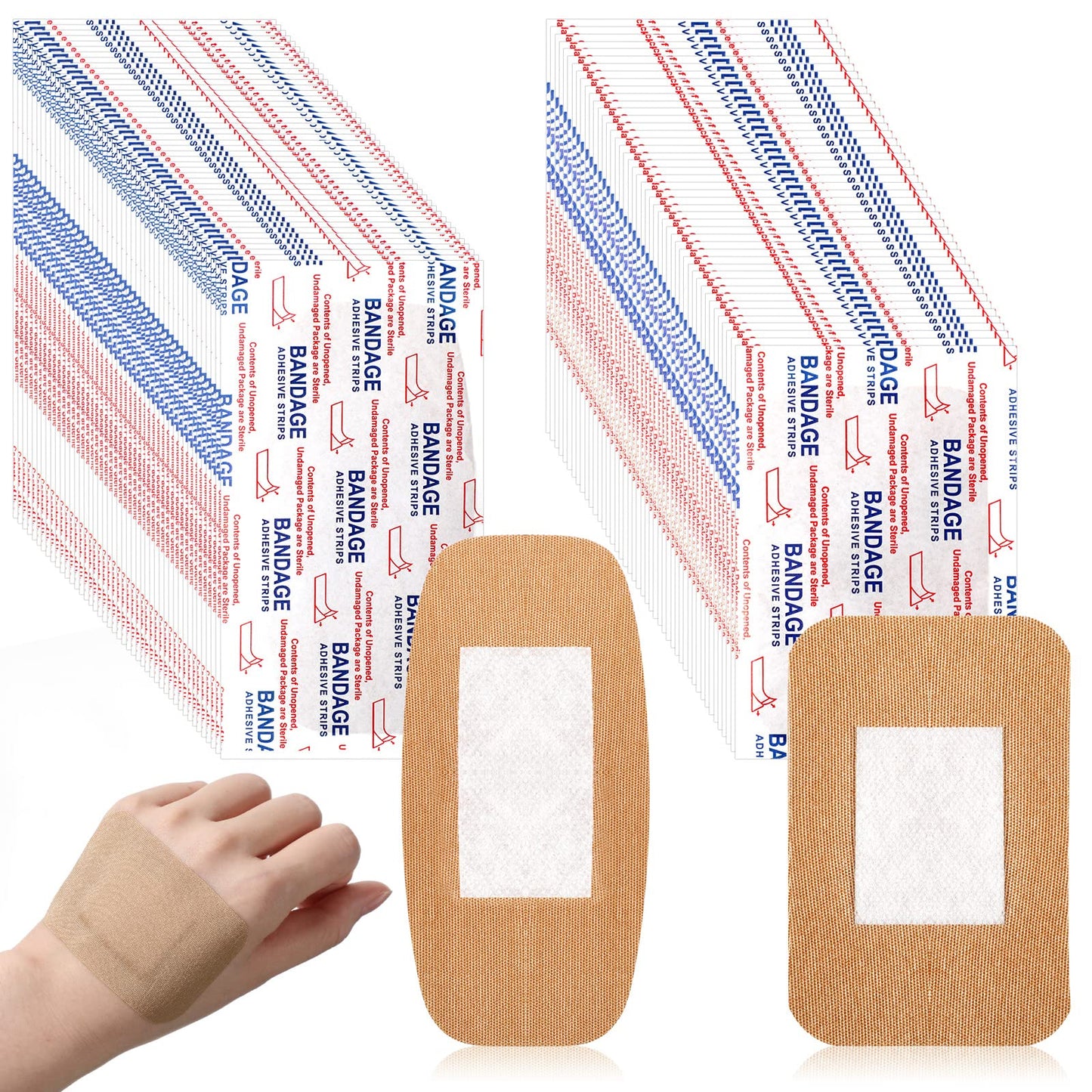 BBTO 200 Pcs Large Assorted Bandages 2 Styles Flexible Fabric Adhesive Bandages Bulk Wounds Care First Aid Supplies Fingertip Adults Wrap Skin 4 x 2'' and 3 x 2''