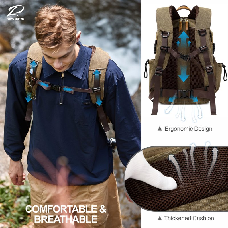 Padwa Lifestyle Khaki Camera Backpack - Professional DSLR & UAV Camera Bag,Anti Theft Canvas Camera Backpacks with Rain Cover,Large Capacity Photography Travel Camera Bag with Multi Compartments