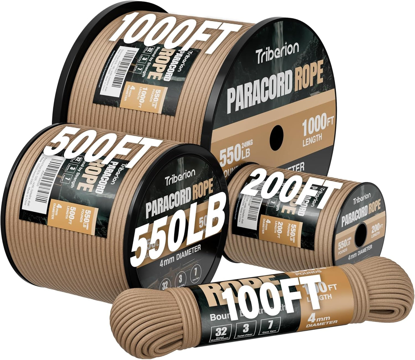 Paracord 550 lb | Heavy Duty 200ft Parachute Rope - Versatile Survival & Camping Gear - Khaki